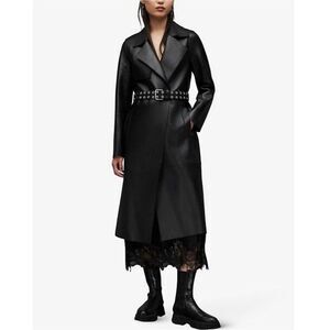 NEW AllSaints Farren Leather Eyelet Belted Black Trench Coat Size 6 Quiet Luxury